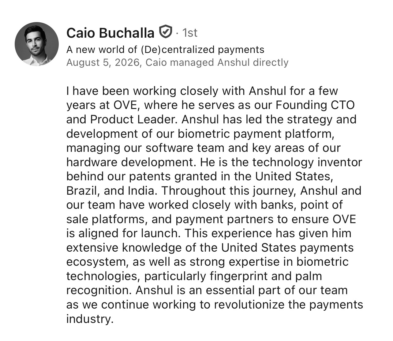 LinkedIn recommendation from Caio Buchalla
